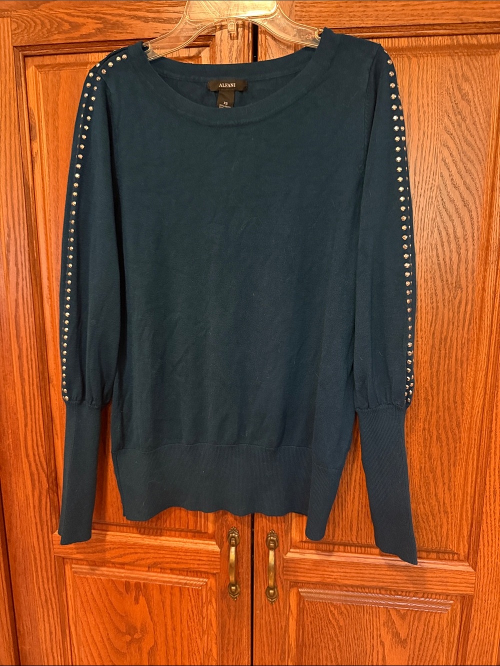 Alfani Teal Studded Sleeve Knit Pullover